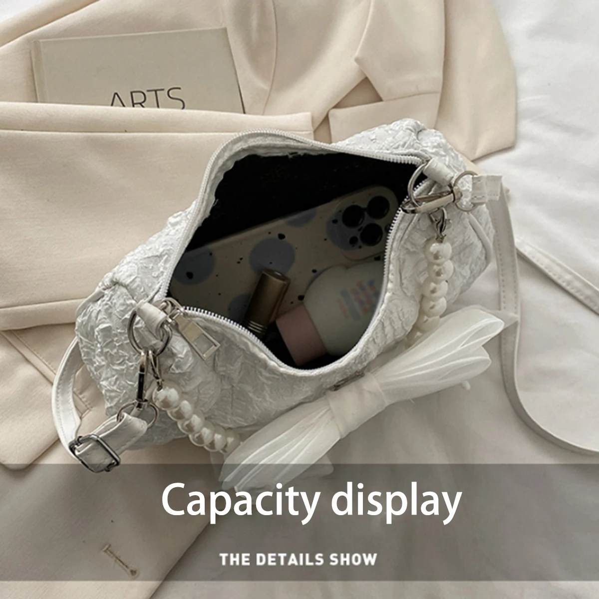 White folds pop retro bow bag Female Pearl handle New fashion pearl armpit shoulder crossbody bag 1 outfit view 6