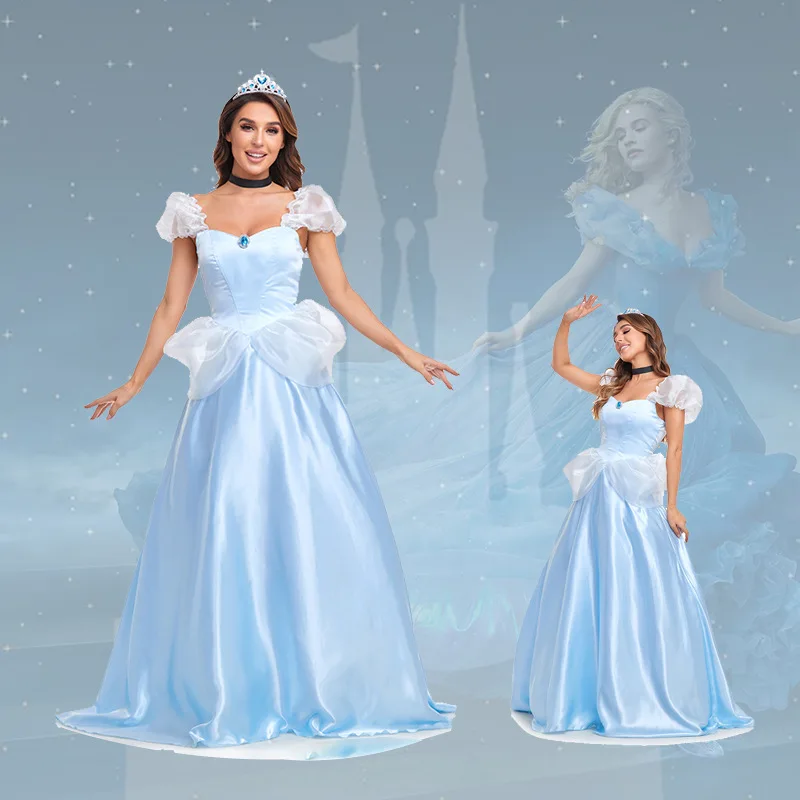 Frauen Cinderella Cosplay Prinzessin Kleid Fee Pompadour Kleid Schulterfrei Halloween Blaues Prinzessinnenkleid mit Krone