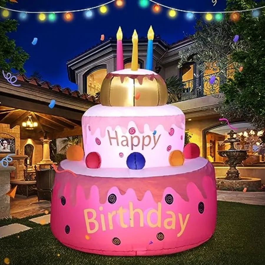 

Outdoor birthday cake inflatable decoration, PVC material, white with red accents, built-in LED lights and candles, 5.5FT large