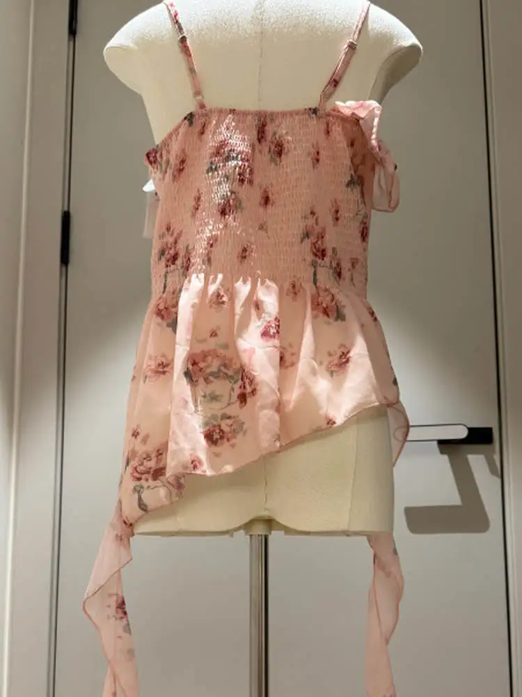 الأحمر الأزهار طباعة غير المتكافئة هيم حزام سترة المرأة الصيف سليم صالح oulder Bared بلوزة من الشيفون الكورية Sle تخفيف Faion #5