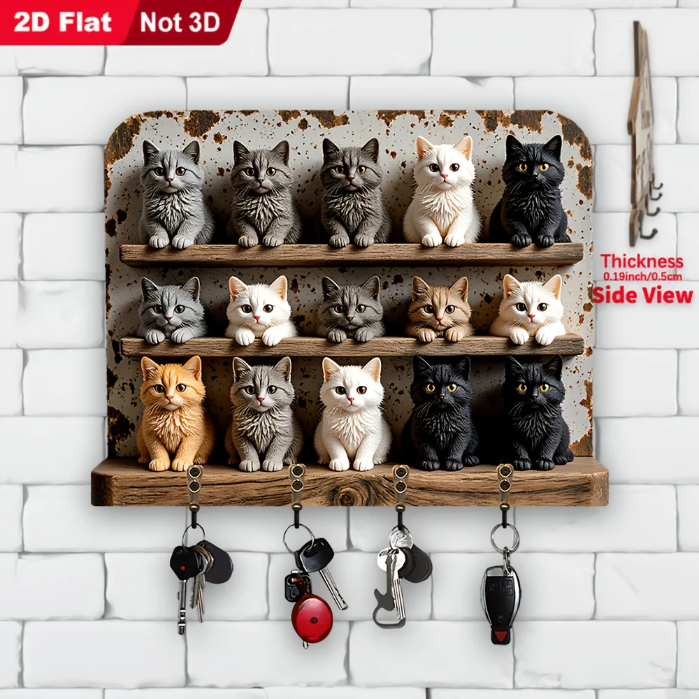 2D Cat Themed Wooden Key Hook 1 Pack Multi Functional Wall Mount Key Holder With Four Metal Hooks Home Porch Room Villa Decor