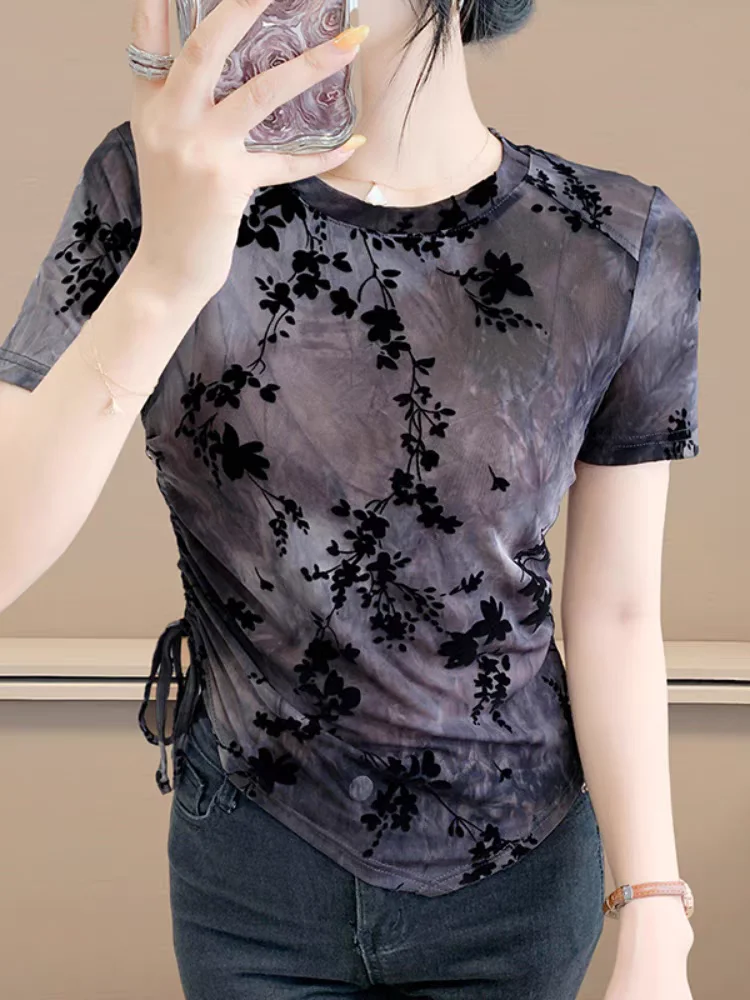 Vintage Floral Flocking Sheer Mesh Short Sleeve Tee Women 2025 Summer Asymmetric Slim Fit Semi-transparent T-Shirts