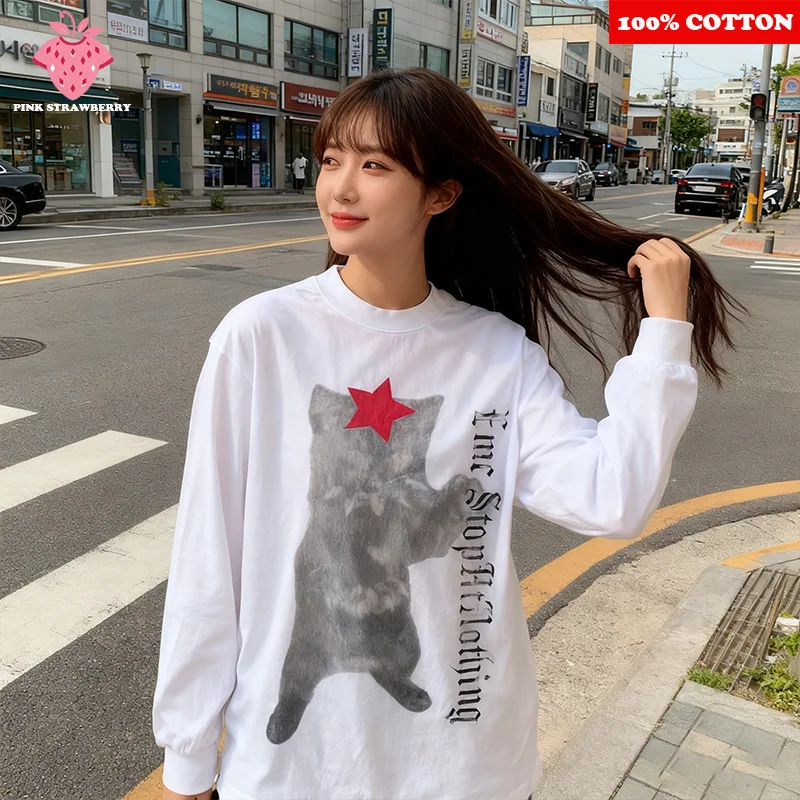 

American Street Cat Print T-shirt Women 2025 Autumn New 100% Cotton White Long Sleeves Casual T-shirt Y2k Tops Female clothing