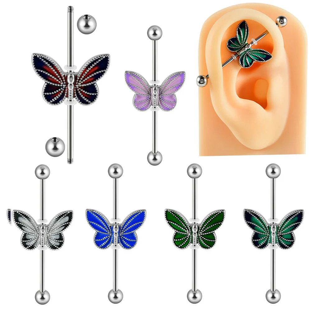 1PCS Surgical Steel Butterfly Industrial Scaffold Barbell Cartilage Earring Woman Charming Body Piercing Body Jewelry 14G