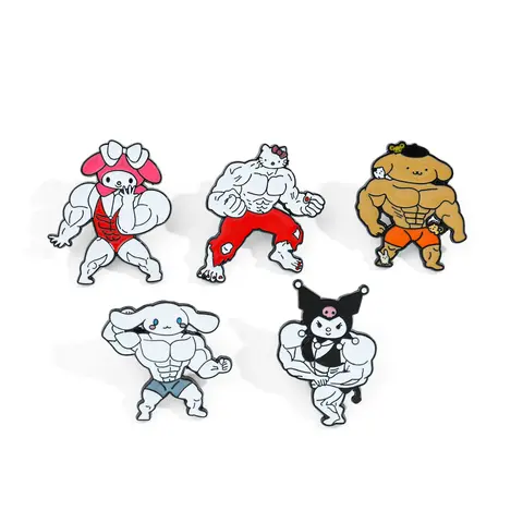 Funny Muscle Serie Enamel Pins Kawaii Anime Hello Kitty Brooch Fitness Hunk Couple Melody Kuromi Bag Pins Accessories