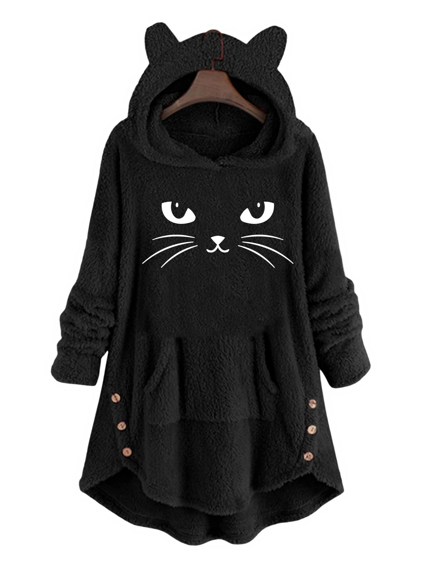 Autumn and Winter Plush Letter Cartoon Print Cat Ears Long-Sleeved Pullover Hooded Loose Casual Street Sweatshirt Women\'s Warm Top