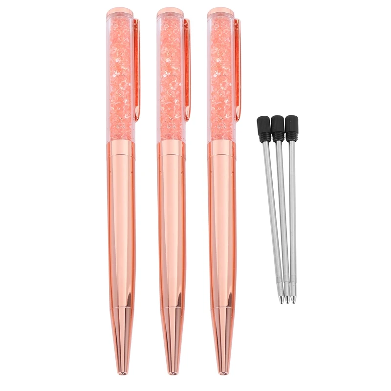 Rose Gold Pen Bling Crystal Ball Point Pen Black Ink Pen with 3 Extra Refills (Rose Gold 3 Pack)