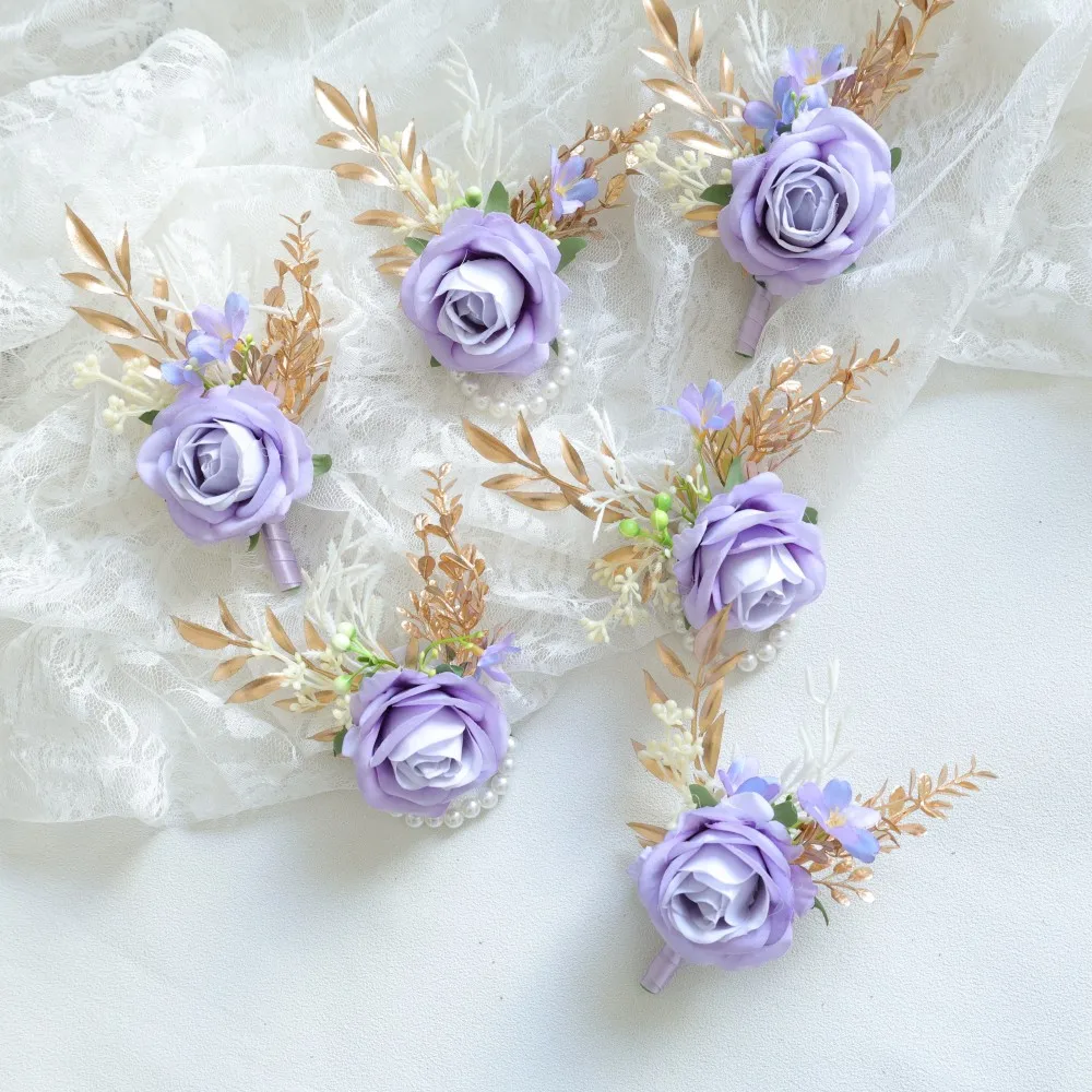 

Violet Wrist Corsage and Boutonniere Flower On Wrist for Bride Bridesmaid Wedding Boutonniere for Men Groom Groomsman Wedding