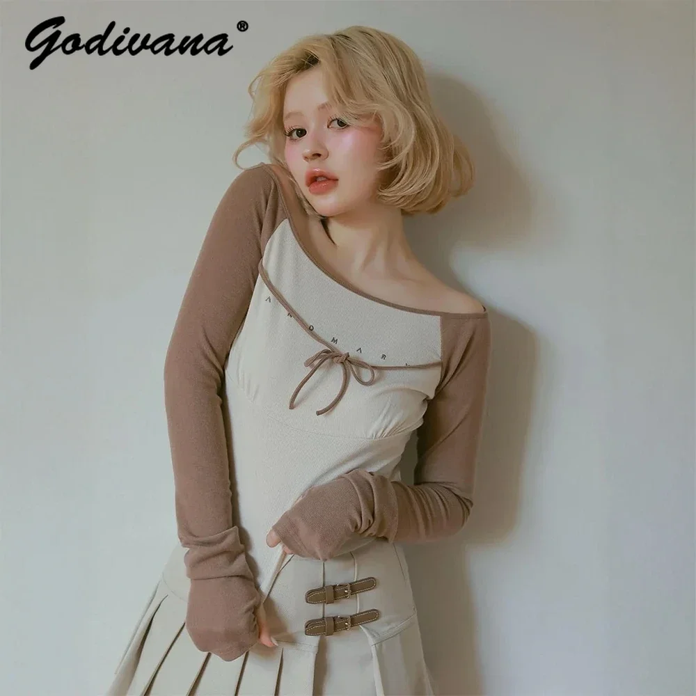 T-shirt a maniche lunghe abbinate ai colori casuali femminili in stile giapponese nuovo autunno Camicie corte da donna elastiche con lacci