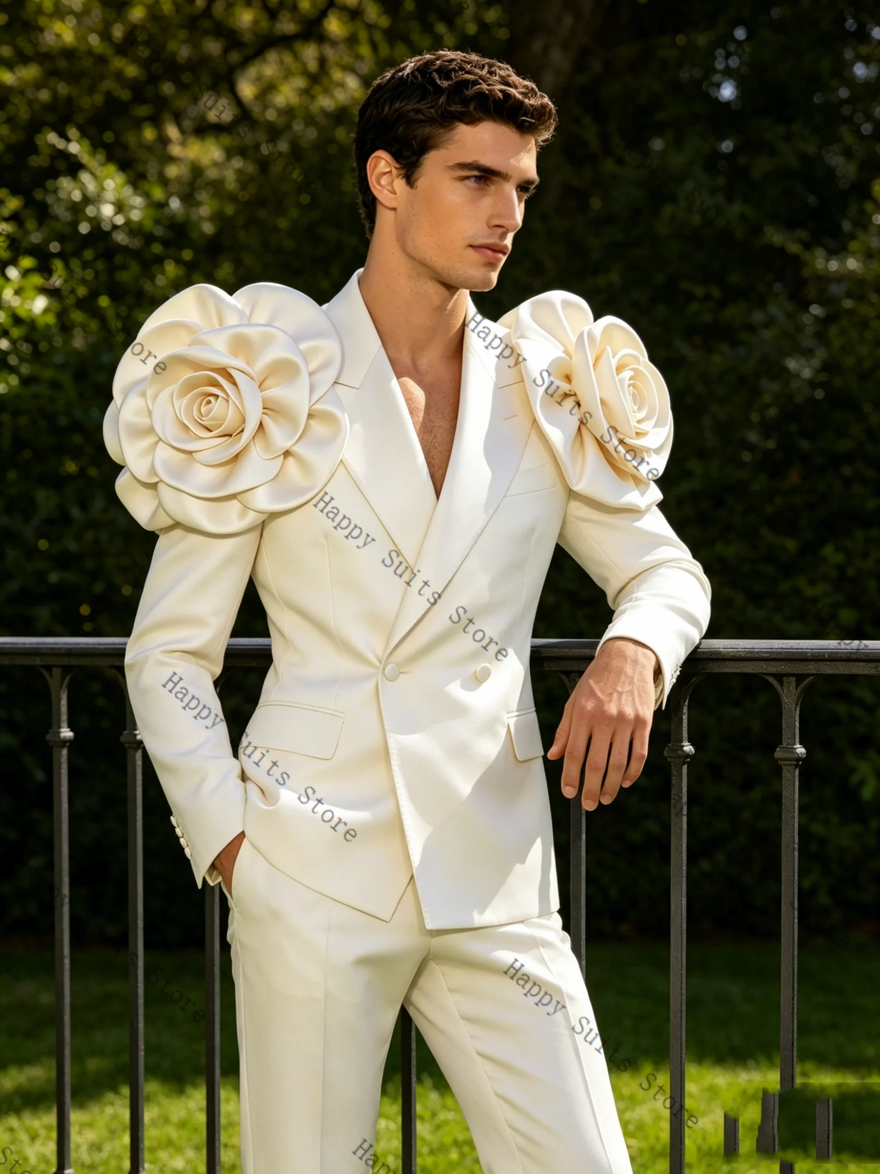 

White Men Suit Set 2 Pcs Blazer+Pants Trousers Cotton 3D Flower Formal Office Coat Wedding Tuxedo Customized Jacket Outfit