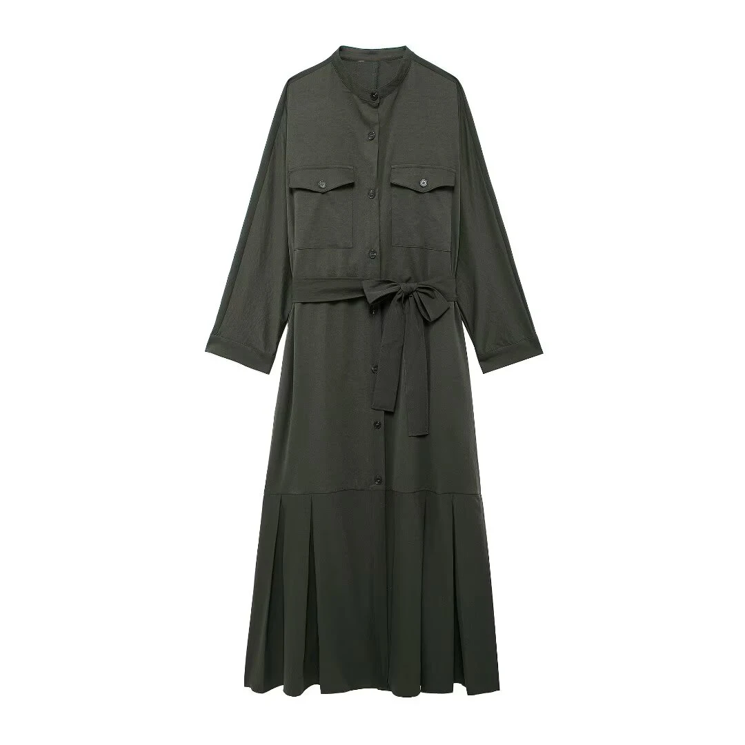 Tangada 2024 Women Amy Green Shirt Dress With Slash Long Sleeve Female Long Dress BE0271