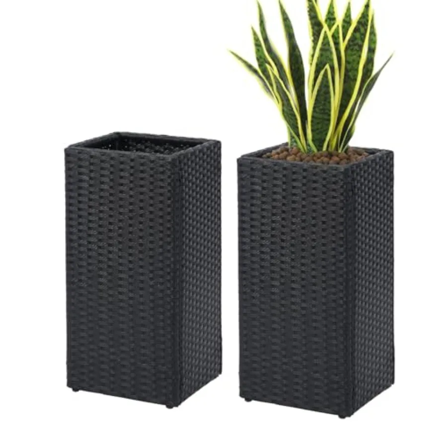 

Outdoor tall square planters for porch patio use rattan material natural color modern design with removable liners