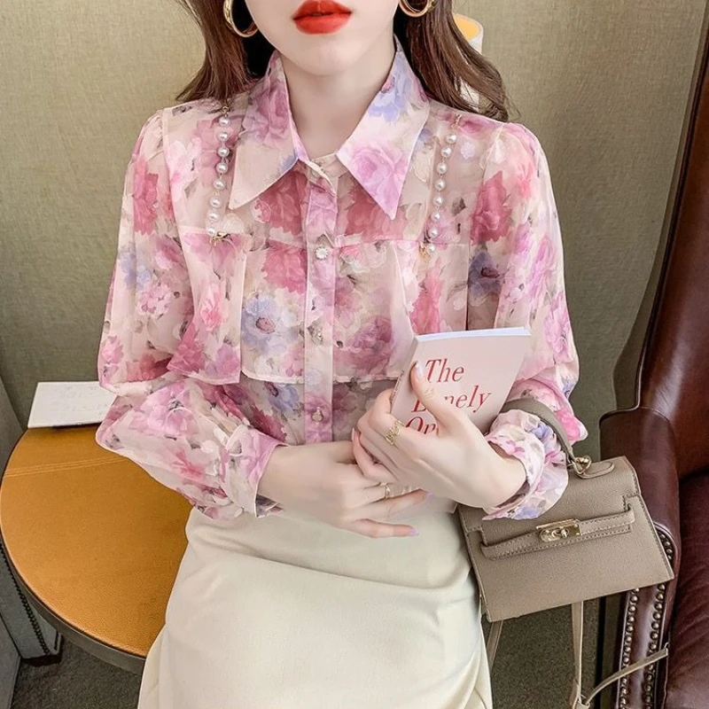

2026 Trendy Women's Floral Chiffon Shirt Pearl Ruffle Detail Long Sleeve Top Sweet Style for Daily Outfits​