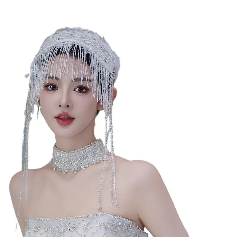 

Bridal headdress French lace mesh fringed headband hat simple wedding dress accessories