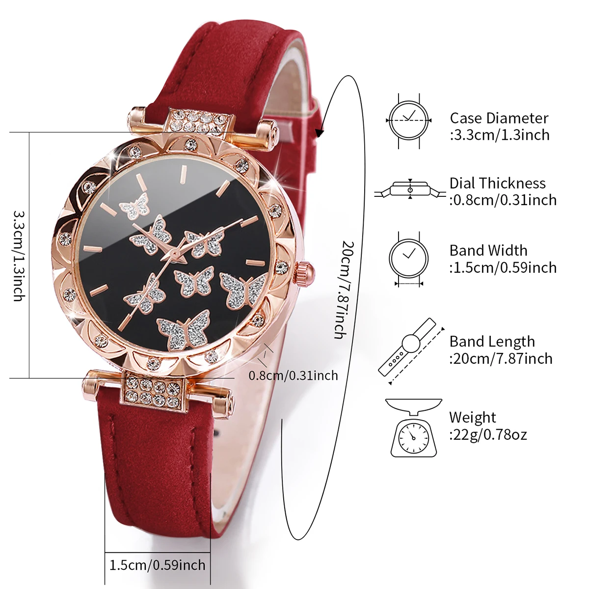 5PCs/Set Luxury Women\'s Watch Round Butterfly Dial Casual Quartz Leather Watch Red Jewelry Set