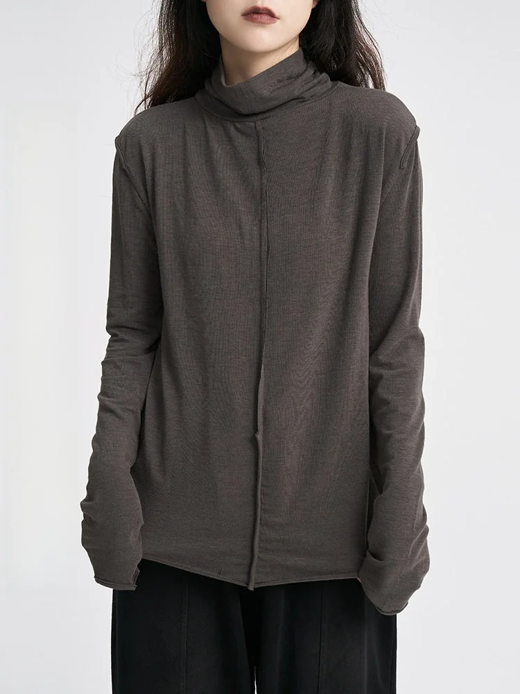 Women's High Collar Long Sleeve Base Shirt Chest Line Design Inner Wear T-Shirt Black Loose Fit Casual Style Autumn Initial