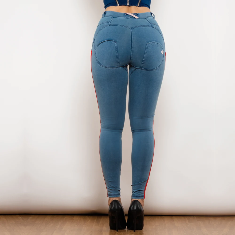 Shascull fites Melodie Seite gestreifte mittlere Taille Skinny Jeans Bum Lift Leggings Frau sexy Push-up Jeans Denim Bleistift hose