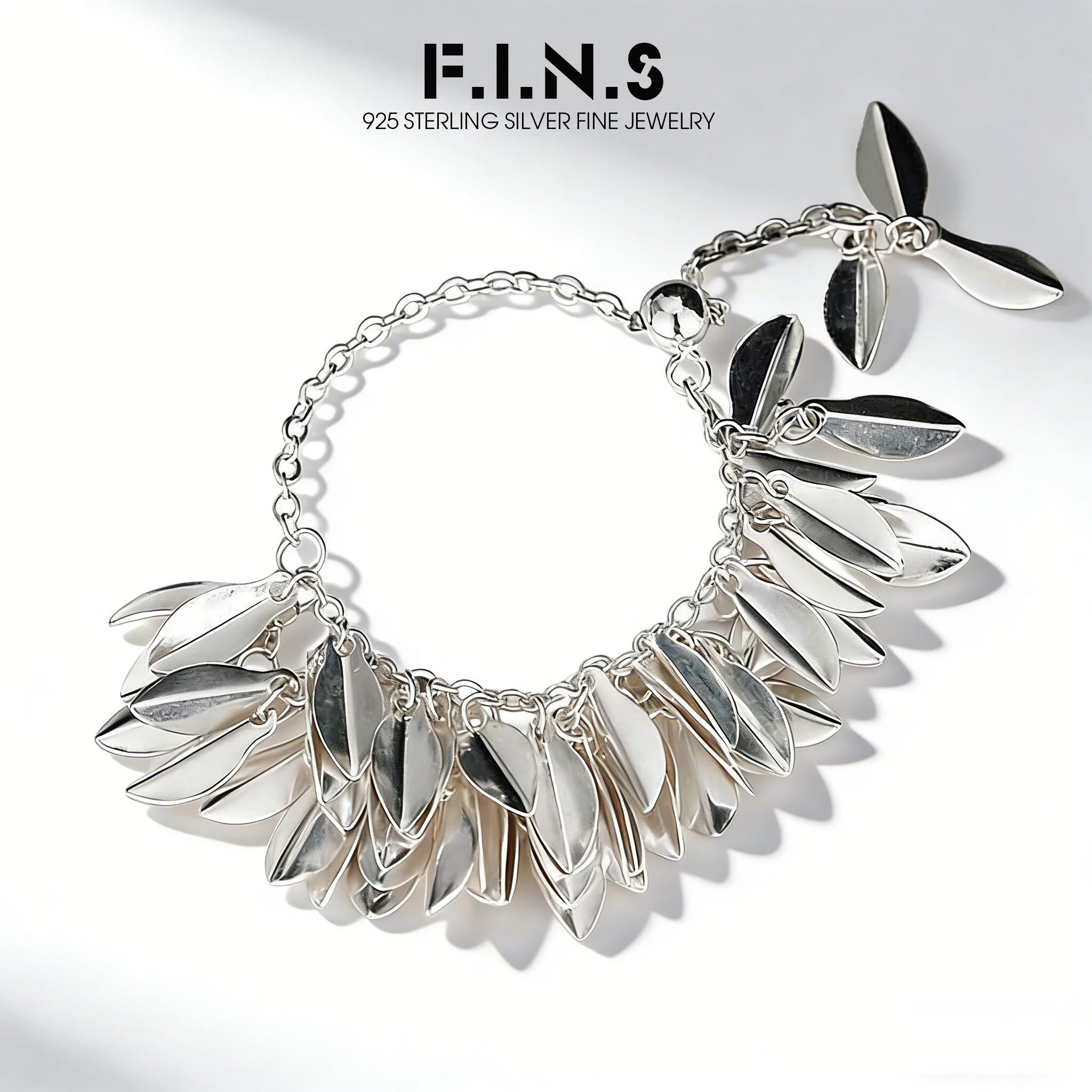 

F.I.N.S Original Designer Casual S925 Sterling Silver Leaves Tassel Rings Adjustable Chain Mid Finger Fine Jewelry Accessories
