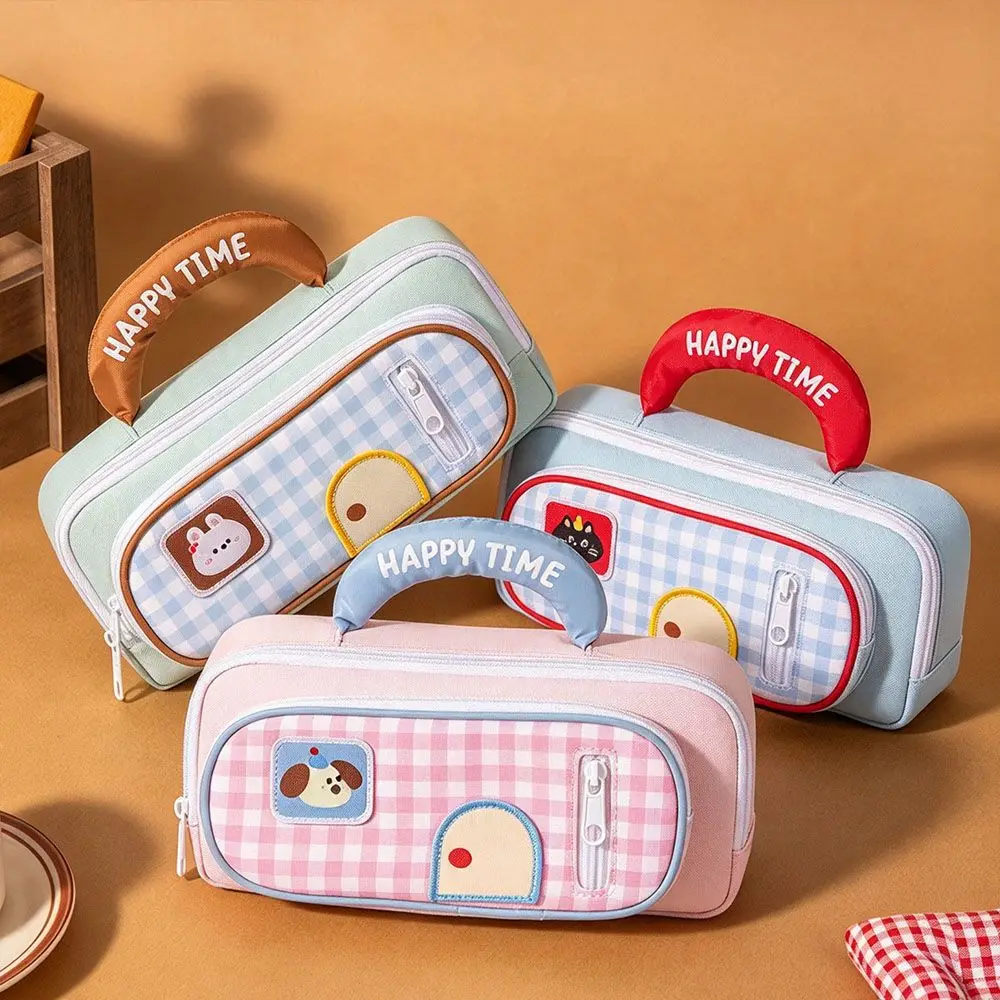 New Plaid Pencil Case Window Handheld Pencil Pouch Cartoon Animal Fabric Stationery Organizer Student Gifts
