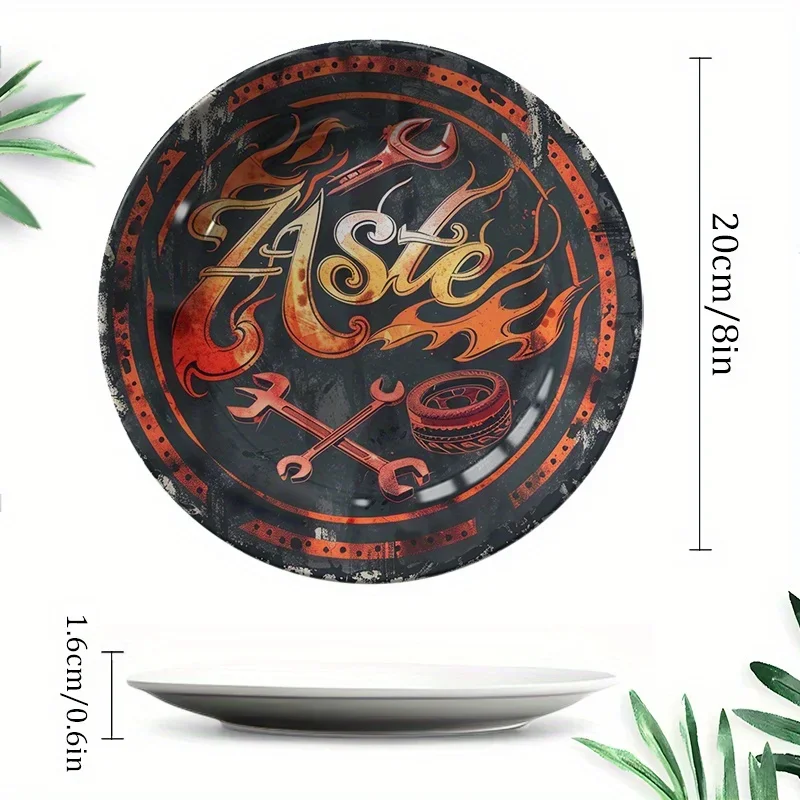 1 Flame Design Ceramic Wall Art Plate - Modern Minimalist Round Decoration with Vibrant Orange and Black Fire Pattern, Non-Food
