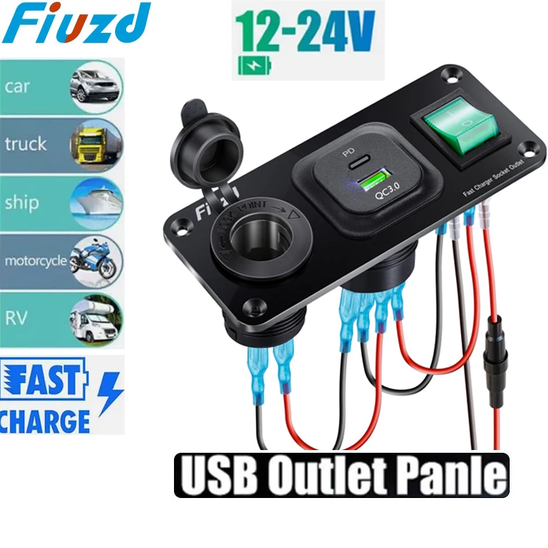 

12V 24V Cigarette Lighter Socket Dual USB Car Quicker Charger Socket Adapter QC 3.0 Car Fast Charger With Switch for Bus RV Boat