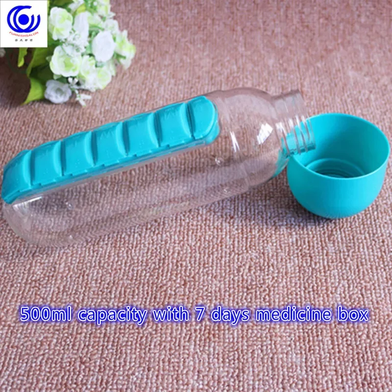 Portable Multi-functional Pill Box, Detachable Flask, 5-Color, 2-in-1, Creative, 7-Day Drinking Water Bottle, 500ml