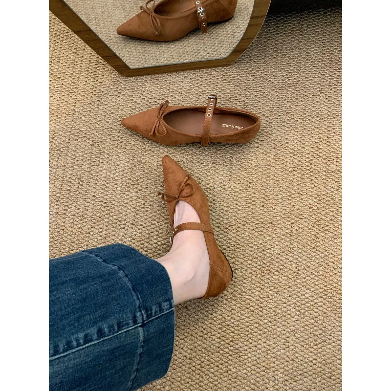 Elegant Pointed Toe Suede Hidden Wedge Flat Bow Mary Jane Shoes Women 2026 New Soft Sole