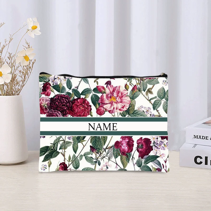 Saco cosmético floral personalizado Bolsa de maquiagem Organizador de batom de viagem Embreagem de maquiagem na moda Bolsa de lona Nome personalizado de luxo