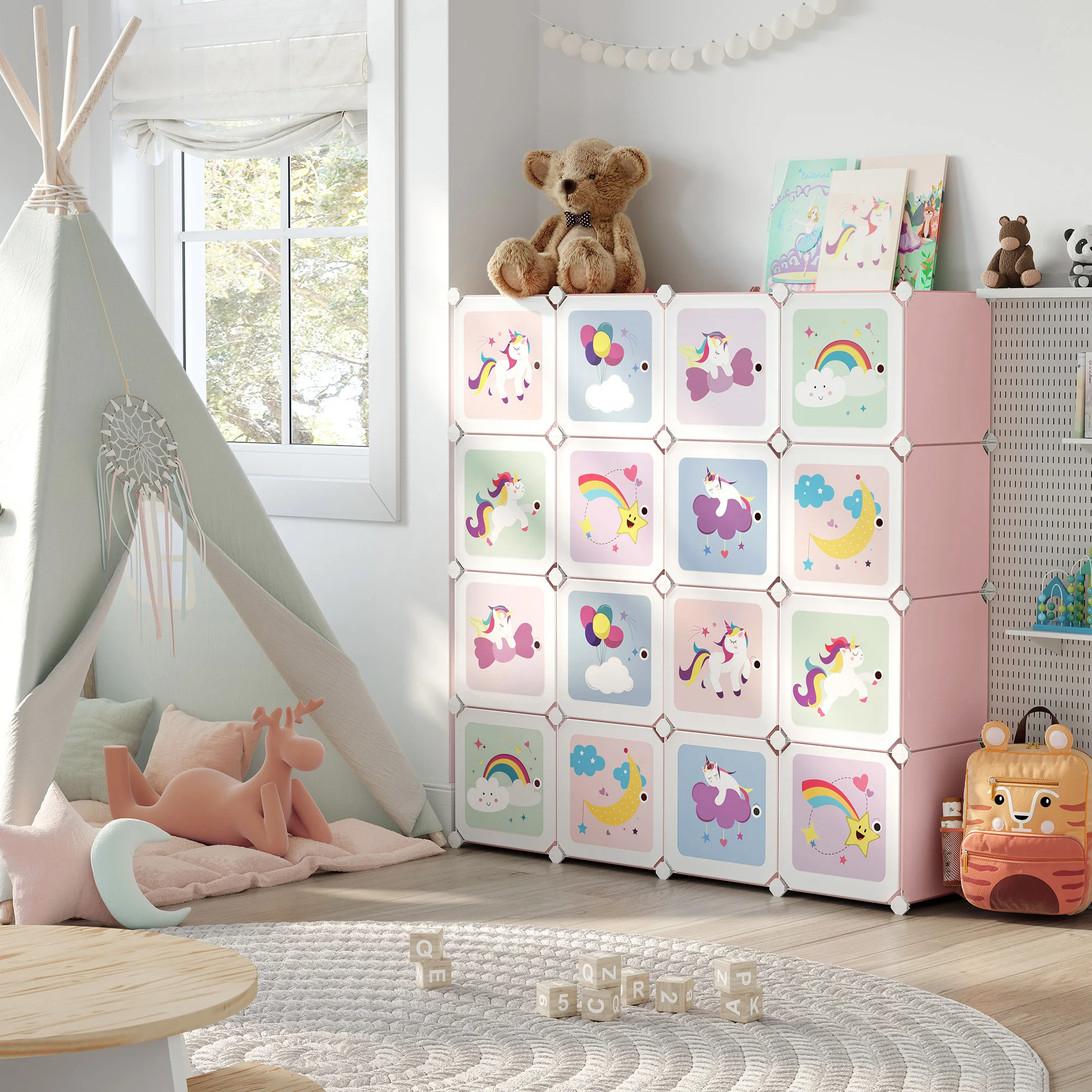 SONGMICS Meuble Rangement Enfant 16 Cubes, Armoire Modulable avec Portes, Étagère en Plastique, pour Jouets, Vêtements, Chaussures, Sacs d'École, 123 x 31 x 123 cm