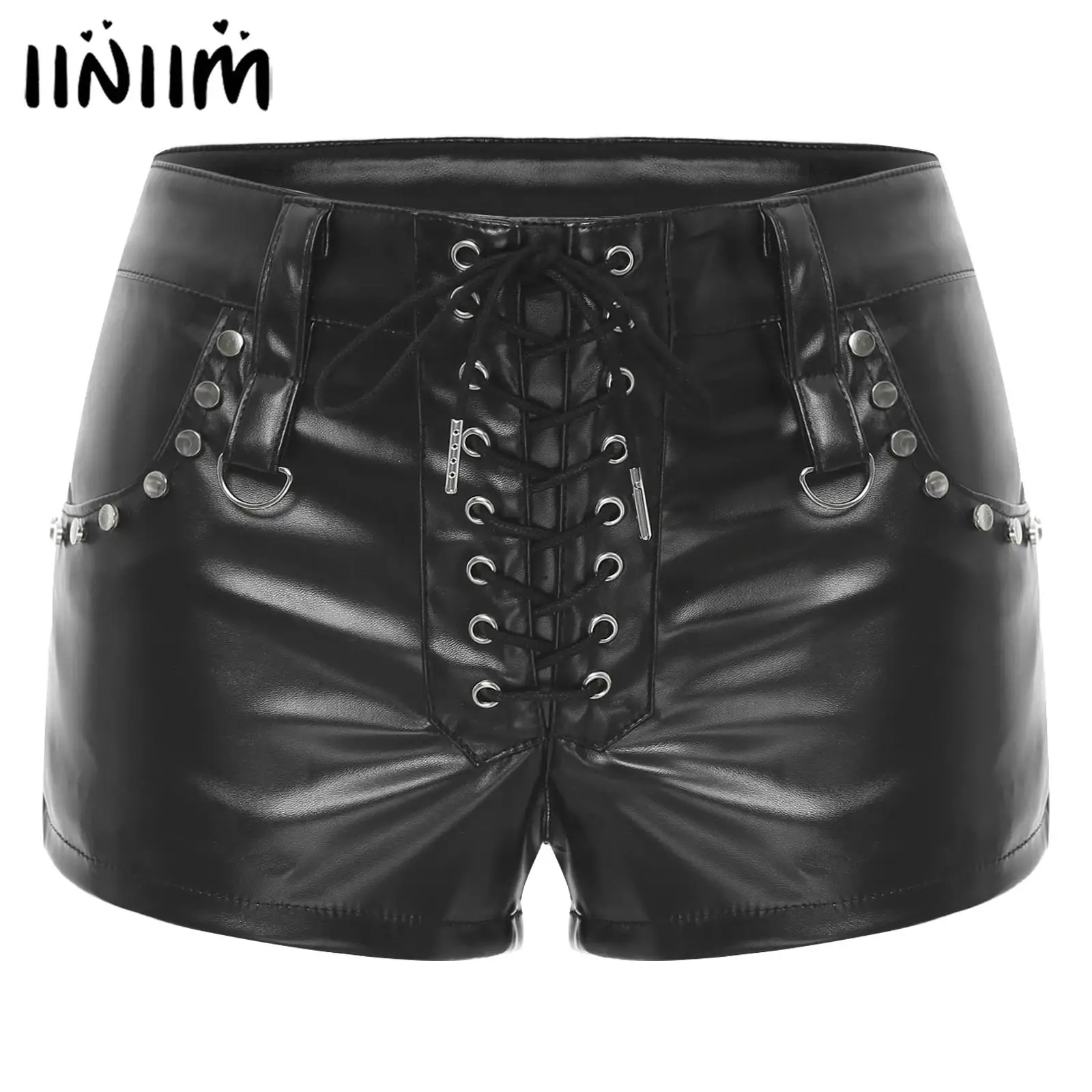 Womens Sexy Tight Fitting Hot Pants Lace-up Pockets Hot Minipants PU Leather Rivets Rave Shorts Wet Look Rave Bar Club Wear