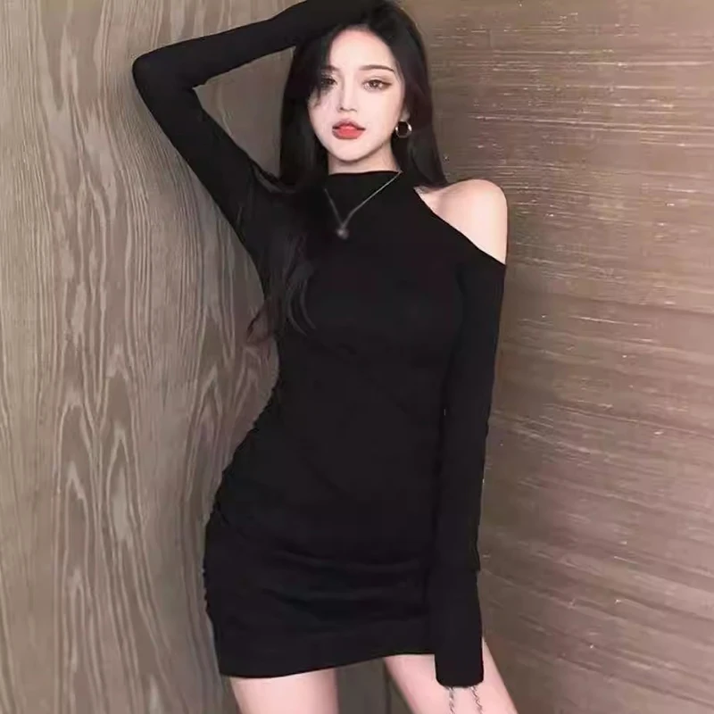 Vrouwen hangende nekjurk lente herfst lange mouw off-shoulder jurk vrouwelijke sexy slim fit bodycon jurk club zwarte jurk