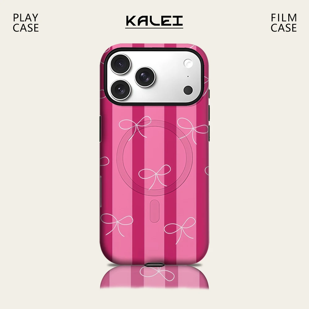 Pink Stripes & White Bows Phone Case for IPhone 17 16 15 14 13 Pro Max Plus for Magnetic Single Double-layer Tough Case