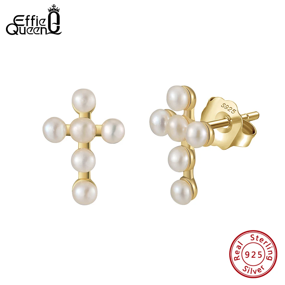 Effie Queen 2.5-3mm 12pcs Natural Freshwater Oval Pearl Stud Earrings 925 Sterling Silver Cross Design Ear Decor Present GPE108