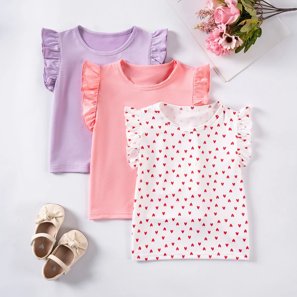 Summer Baby Girl Cute 3-piece T-shirt Knitted Breathable Small Flying Sleeves Cute 3-piece Set for Daily or Home Wear