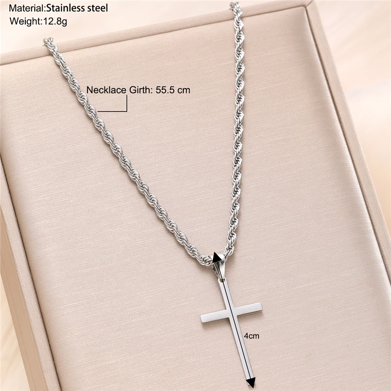 Stainless Steel Cross Pendant Necklace for Men Boys 18K Gold Plated Silver Simple Twisted Chain Fashionable Jewelry Beach Party