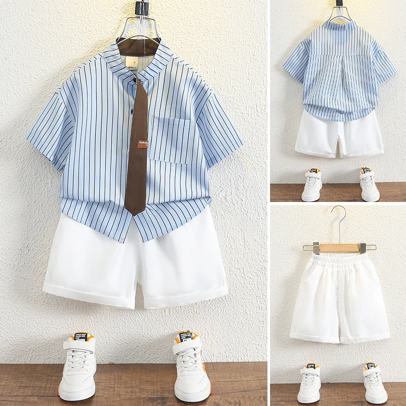 夏カジュアル子供服男の子3点セットシャツネクタイベビー服おしゃれ男の子アンサンブル半袖ショートパンツ