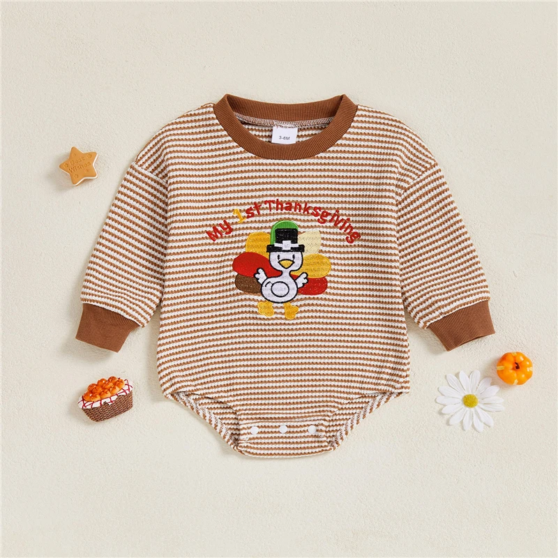 

Baby Girls Boys Thanksgiving Romper Turkey Embroidery Long Sleeve Crew Neck Jumpsuit Newborn Stripes Romper Clothes