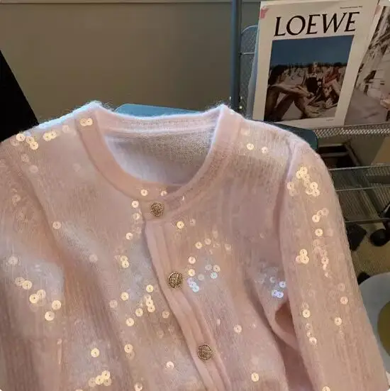 Cárdigan de punto con lentejuelas blancas para mujer, chaqueta elegante de alta gama, suéter corto, Top femenino, primavera y otoño, novedad de 2023