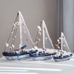 Wooden Craftsmanship Mediterranean Home Decor Blue and White Shell Sailboat Vintage Style Handmade Crafts Gifts Smooth Sailing