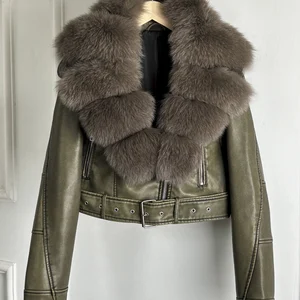 نسائي خمر بو جلد جاكيت قصير مع حزام نسائي ملابس الشارع معطف ريترو بسحاب ثعلب حقيقي فرو طوق كبير ملابس خارجية 2022 أعلى 8 مبيعات معطف فرو الثعلب الحقيقي - رقم 4