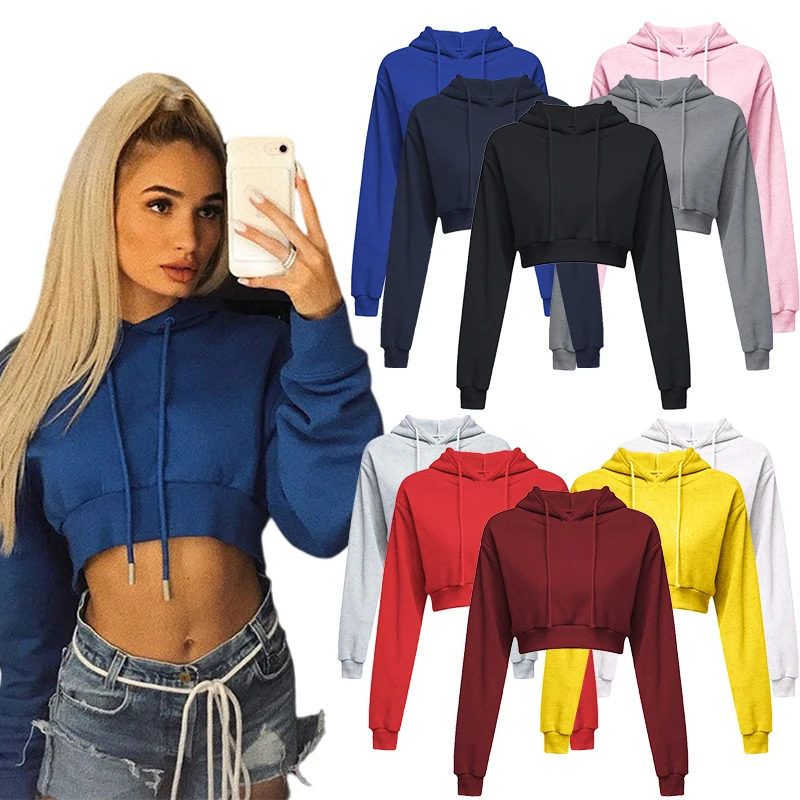 Women\'s brand solid color short hooded Sweatshirt spring autumn winter cotton pullover navel exposed sweater (S-2XL)