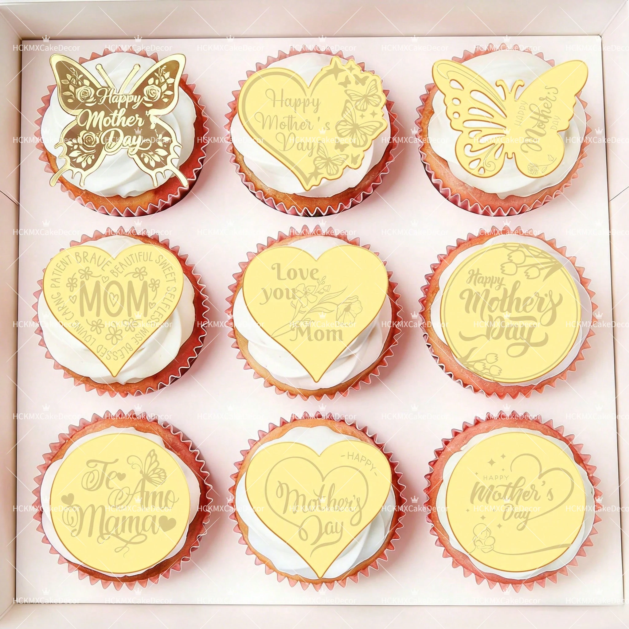 10pcs Happy Mothers Day Cupcake Toppers Gold Acrylic Heart Butterfly Cake Decor for Mothers Day Birthday Party Baking Supplies
