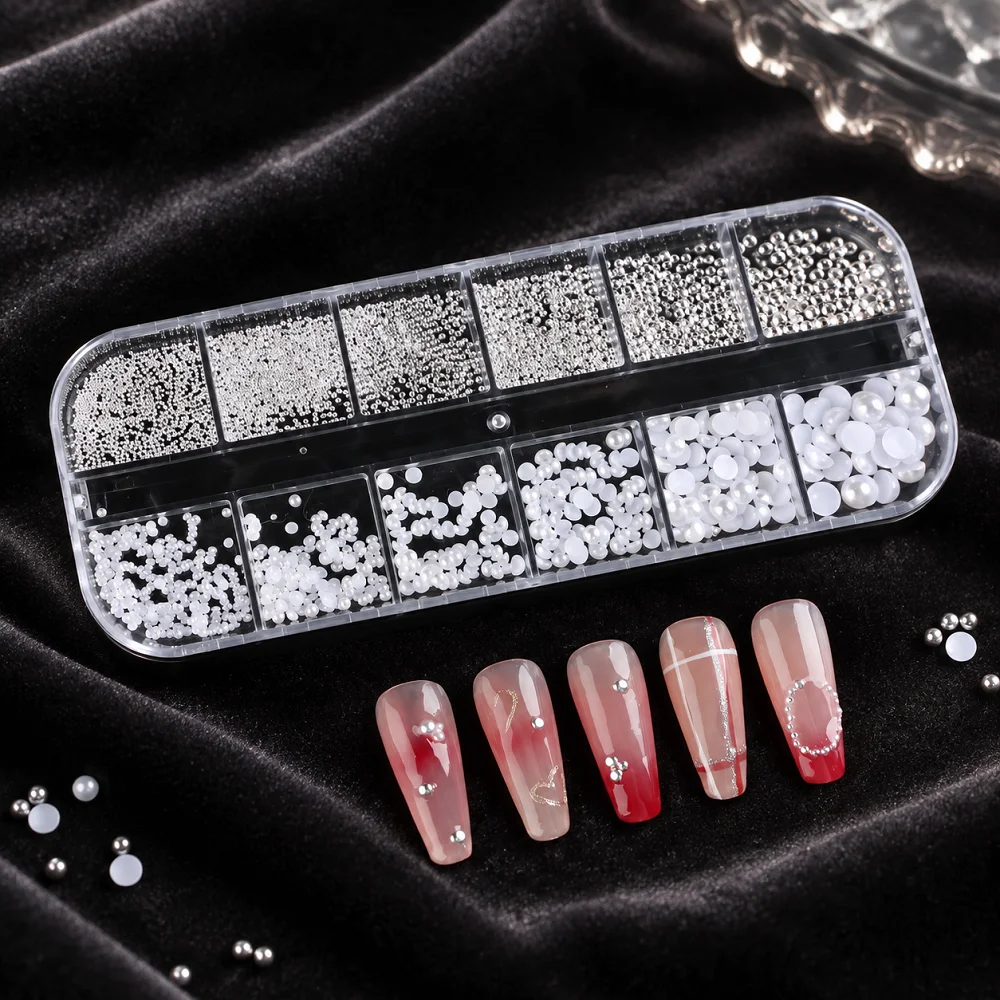 12 Gitter Weiße Halbrunde Perlen Nagelkunst-Dekoration Gemischte Größen Silber Gold Mini Stahlkugel Nieten Strass Nagelzubehör – Detail 6