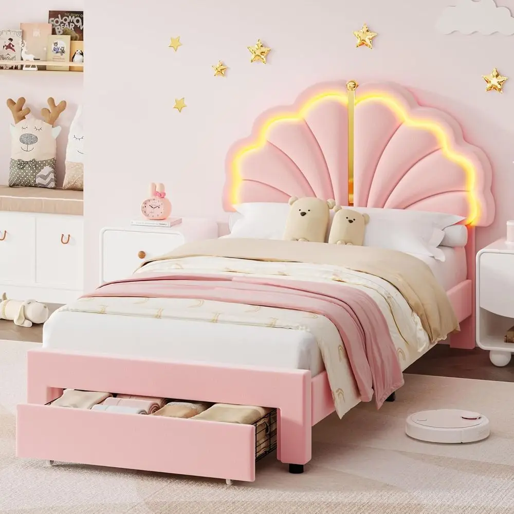 

Pink Twin Princess Bed Frame with Storage Drawers, Soft Velvet Upholstered LED Platform Bed, Adjustable Cute Shell Headboard, No