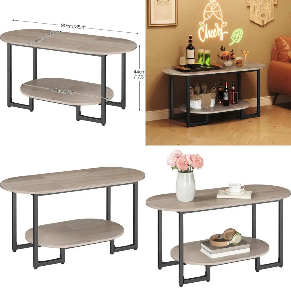 

Industrial 2-Tier Oval Coffee Table for Living Room, Wooden Storage, Farmhouse Style, Greige BG09KF01