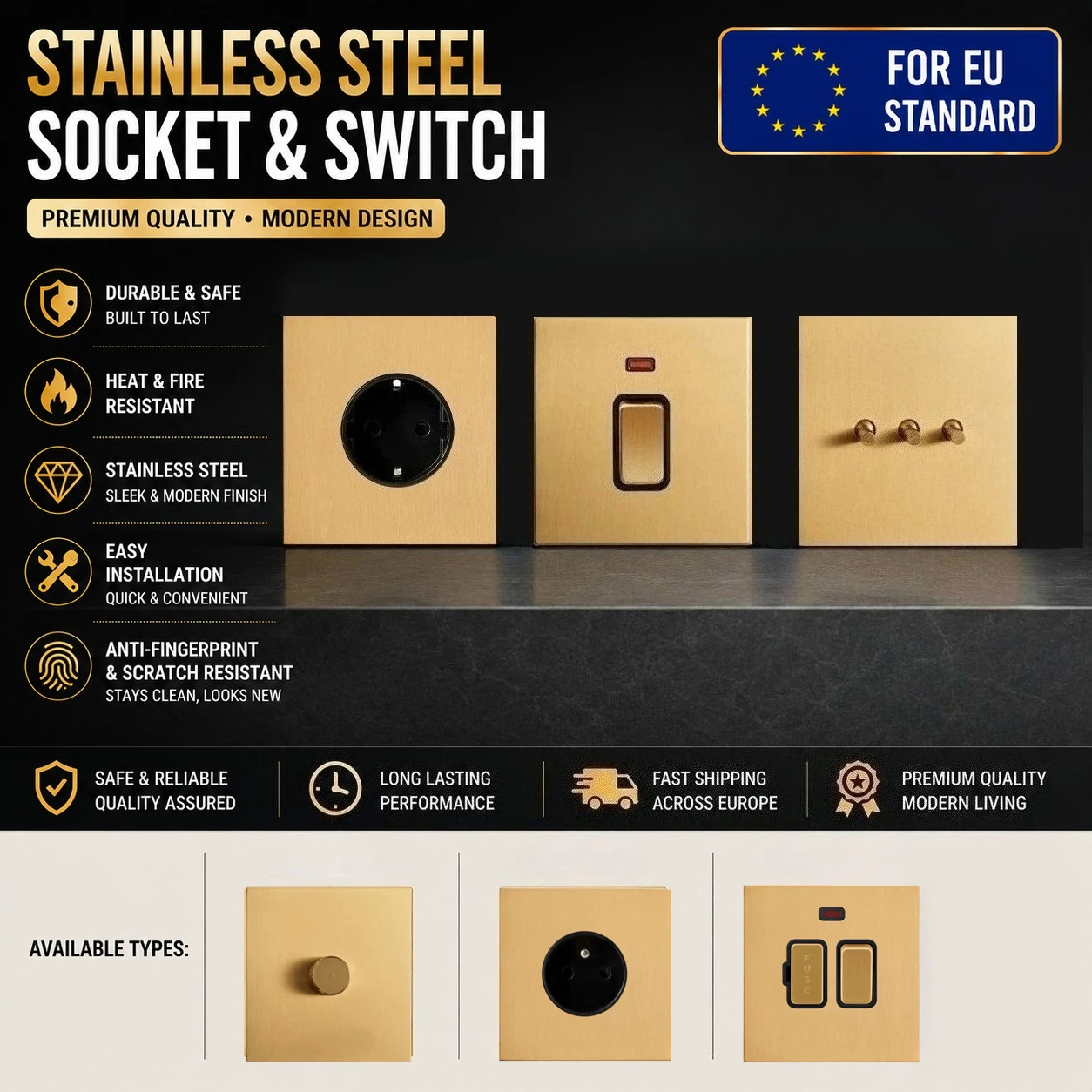 Gold Brushed Stainless Steel Metal Toggle Wall Light Switch EU FR UK Power Socket Middle Switch CAT6 USB AC110-250V 86mm Switch
