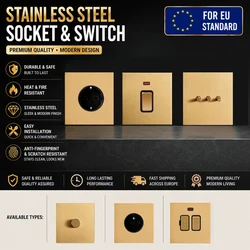 Gold Brushed Stainless Steel Metal Toggle Wall Light Switch EU FR UK Power Socket Middle Switch CAT6 USB AC110-250V 86mm Switch