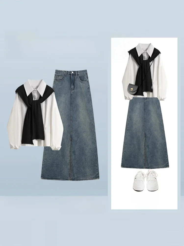 

Корейский Sle College Faion, женский осенне-зимний новый комплект из топа и джинсовой юбки, универсальный повседневный комплект из двух предметов