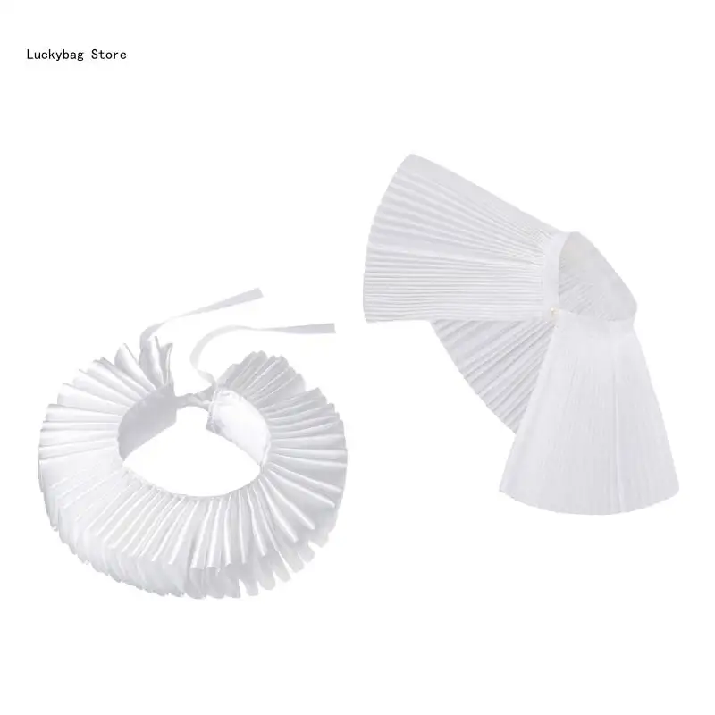 White Elizabethan Ruffle Faux Collar and Cuffs Set for Theatrical Performances