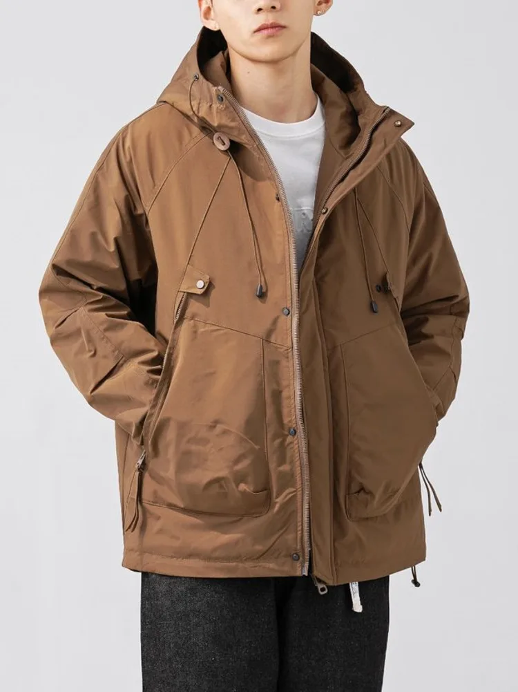 Winter Cargo Jacket Men Solid Large Pocket Hooded Down Coat Men Retro Solid Color Warm Outdoors Windbreaker Down Jacket